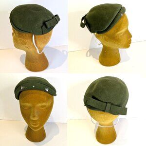 Vintage green Women 1940s Wool Felt Fascinator Hat Bow